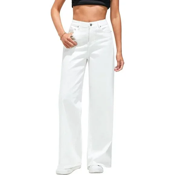 Women’s Wide Leg High Waisted Stretch Denim Jeans Pockets Casual Pants - Picture 1 of 6